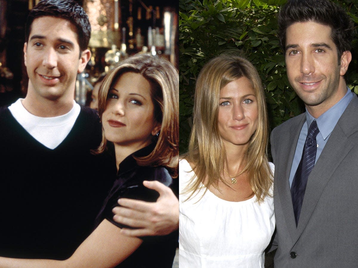 On the left: David Schwimmer and Jennifer Aniston on the set of "Friends." On the right: The two stars in September 2003.