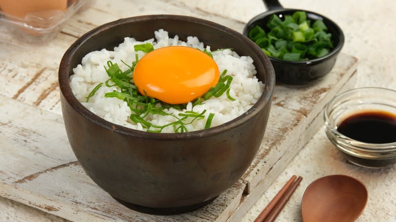 dish of raw egg on rice