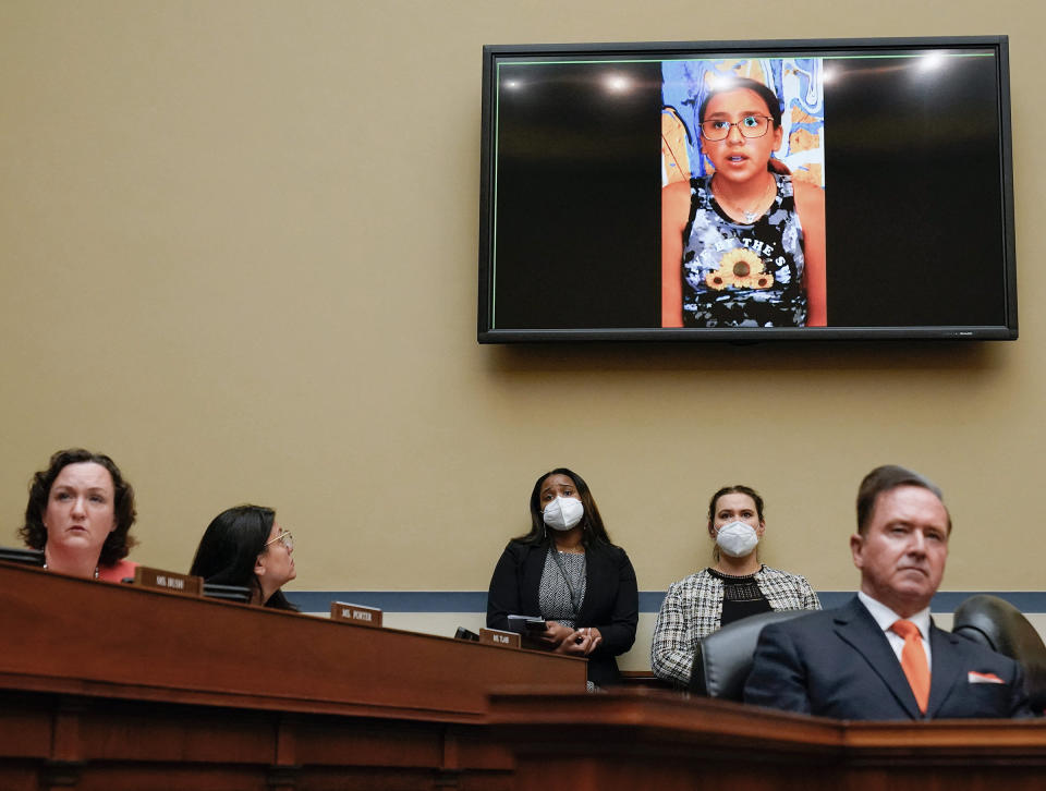 Miah Cerrillo, a fourth grade student at Robb Elementary School in Uvalde, Texas, and survivor of the mass shooting appears on a screen during a House Committee on Oversight and Reform hearing on gun violence on Capitol Hill in Washington, DC, on June 8, 2022.<span class="copyright">Andrew Harnik — Pool/AFP/Getty Images</span>