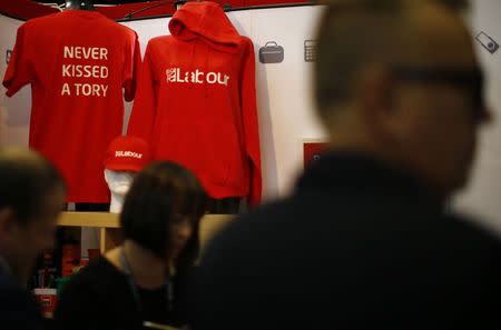 Hoodies hang on a trade stall during the Labour Party's annual conference in Manchester, northern England September 22, 2014. REUTERS/Darren Staples