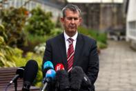 Democratic Unionist Party's (DUP) Edwin Poots makes a statement to the media outside Stormont Castle in Belfast, Northern Ireland June 28, 2017. REUTERS/Clodagh Kilcoyne