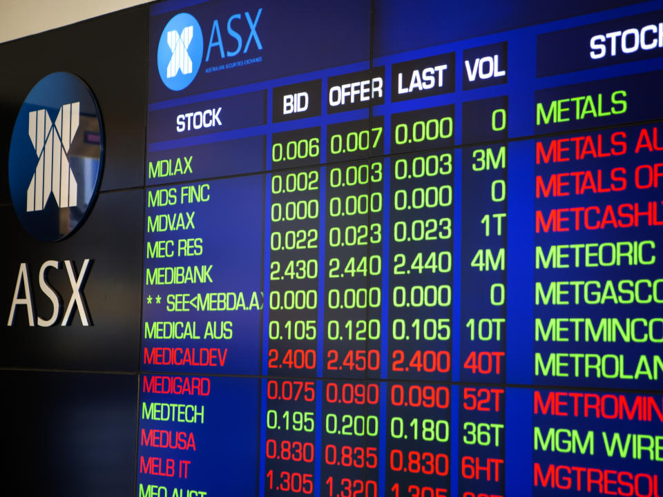 Sydney, Australia - March 11, 2015: The Australian Stock market stock prices on a LCD display outside of the Australian stock market. The Company logo ASX can be seen on the top left side of the photo