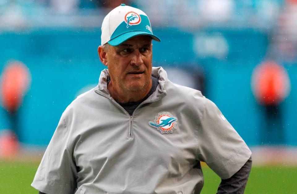 Miami Dolphins defensive coordinator Vic Fangio looks on during warmups before the start of an NFL football game against the Dallas Cowboys at Hard Rock Stadium on Sunday, Dec. 24, 2023 in Miami Gardens, Fl.