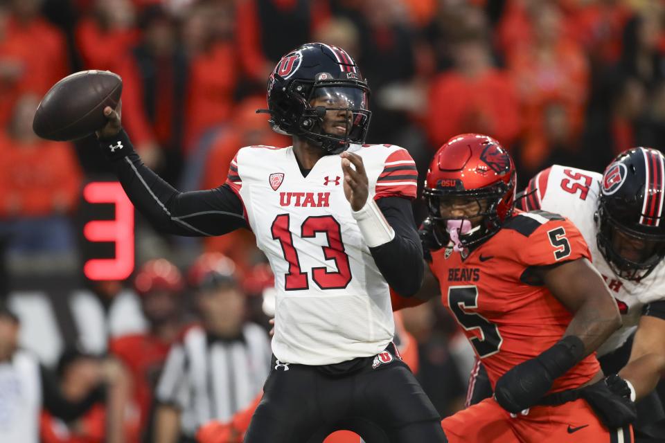 Utah quarterback Nate Johnson drops back to pass against Oregon State Friday, Sept. 29, 2023, in Corvallis, Ore. | Amanda Loman, Associated Press