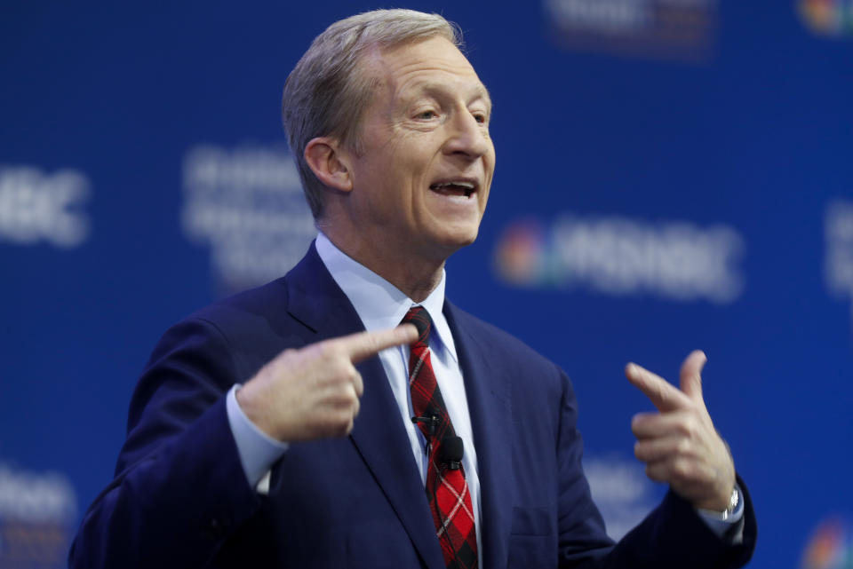 Democratic presidential candidate, investor Tom Steyer, one of seven scheduled Democratic candidates participating in a public education forum, makes opening remarks, Saturday, Dec. 14, 2019, in Pittsburgh. Topics at the event planned for discussion ranged from student services and special education to education equity and justice issues. (AP Photo/Keith Srakocic)