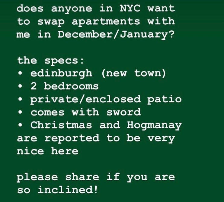 An Instagram story with white text on a green background inquiring about an apartment swap.