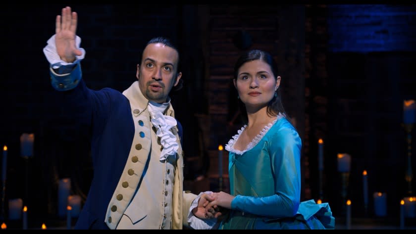 (L-R)- Lin-Manuel Miranda and Ari Asfar performs in "Hamilton" on the streaming service Disney+. Credit: Disney+