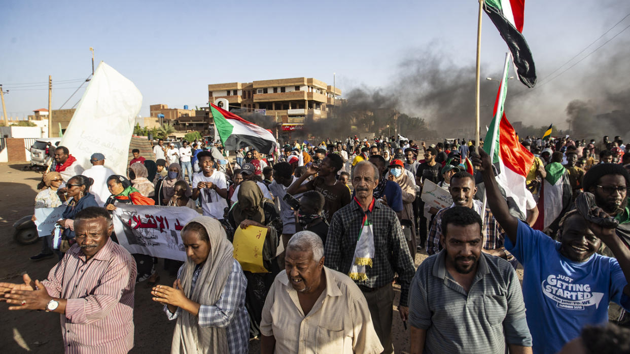 People gather to protest in Khartoum, Sudan, on April 6.