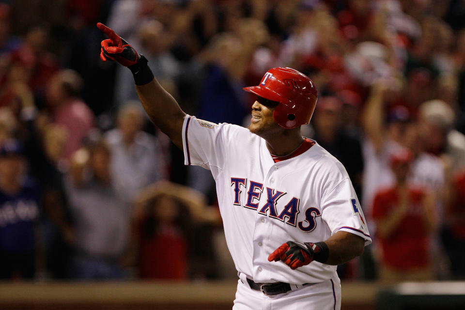 ARLINGTON, TX - OCTOBER 24: Adrian Beltre #29 of the Texas Rangers celebrates after hitting a solo home run in the sixth inning during Game Five of the MLB World Series against the St. Louis Cardinals at Rangers Ballpark in Arlington on October 24, 2011 in Arlington, Texas. (Photo by Rob Carr/Getty Images)