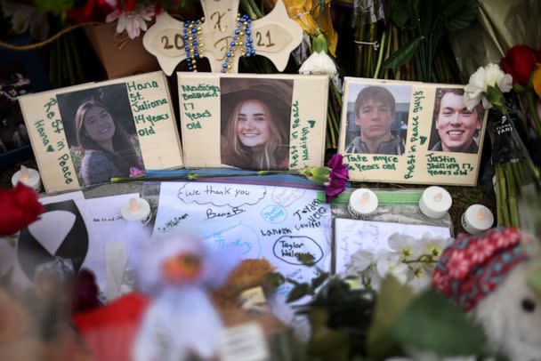 PHOTO: In this Dec. 3, 2021, file photo, a memorial is shown outside of Oxford High School in Oxford, Michigan. (Scott Olson/Getty Images, FILE)