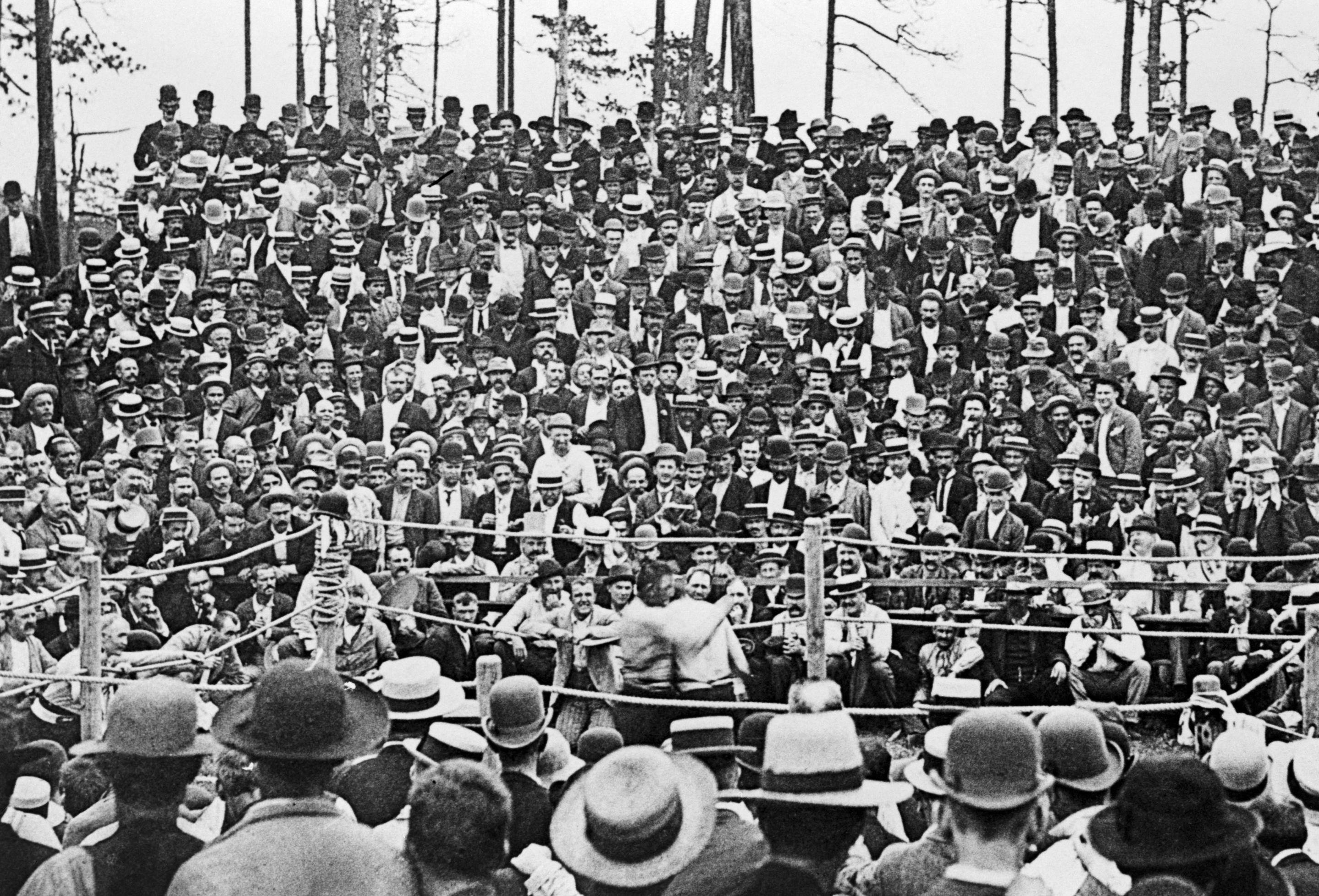 (Original Caption) 7/8/1889-Richburg, Mississippi- Last bareknuckle fight, John L. Sullivan against Jack Kilrain, Richburg, MS, July 8th, 1889. Sullivan won in the 75th round when Kilrain's manager threw in the sponge. This rare picture is the only bare-knuckle bout ever photographed.