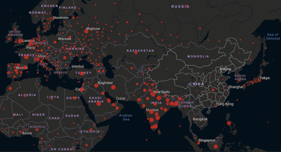 A heat map shows the lack of coronavirus cases in Mongolia compared to surrounding nations.