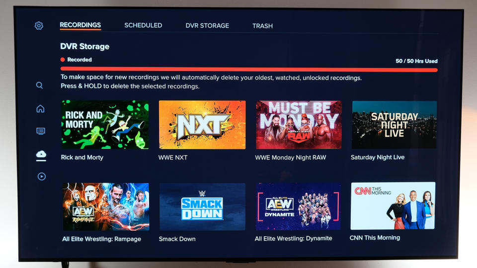 The DVR page in Sling TV on a wall-mounted TV