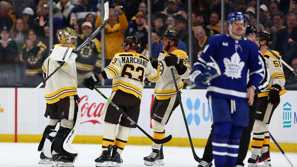 The Leafs didn't offer much of a response after Brad Marchand (63) delivered a questionable hit that left Timothy Liljegren injured. (Photo by Maddie Meyer/Getty Images)