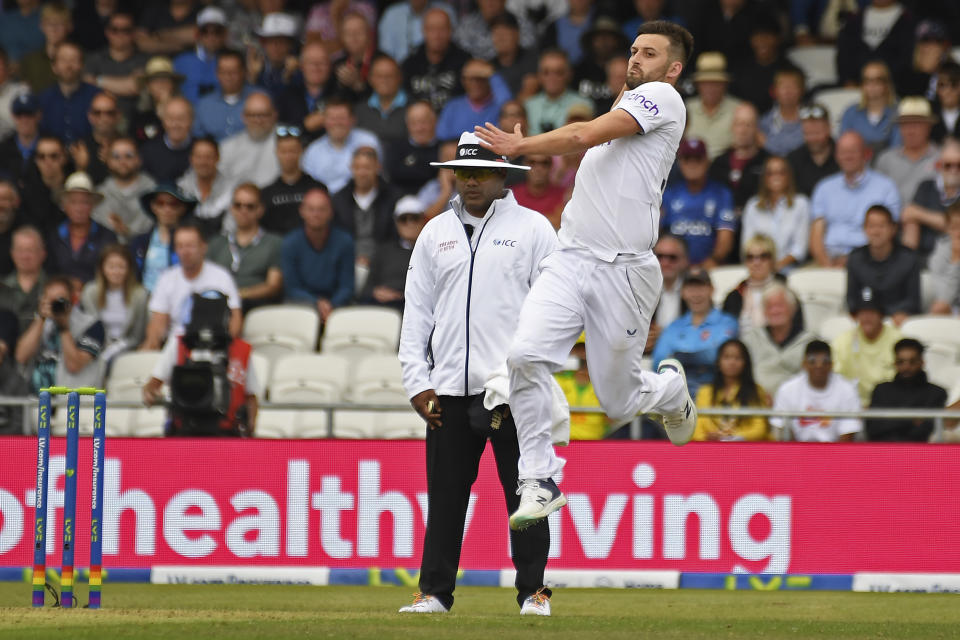 England's Mark Wood bowls a delivery during the first day of the third Ashes Test match between England and Australia at Headingley, Leeds, England, Thursday, July 6, 2023. (AP Photo/Rui Vieira)