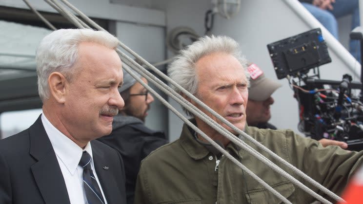 Tom Hanks and Clint Eastwood on the set of Sully. (Photo: Warner Bros.)