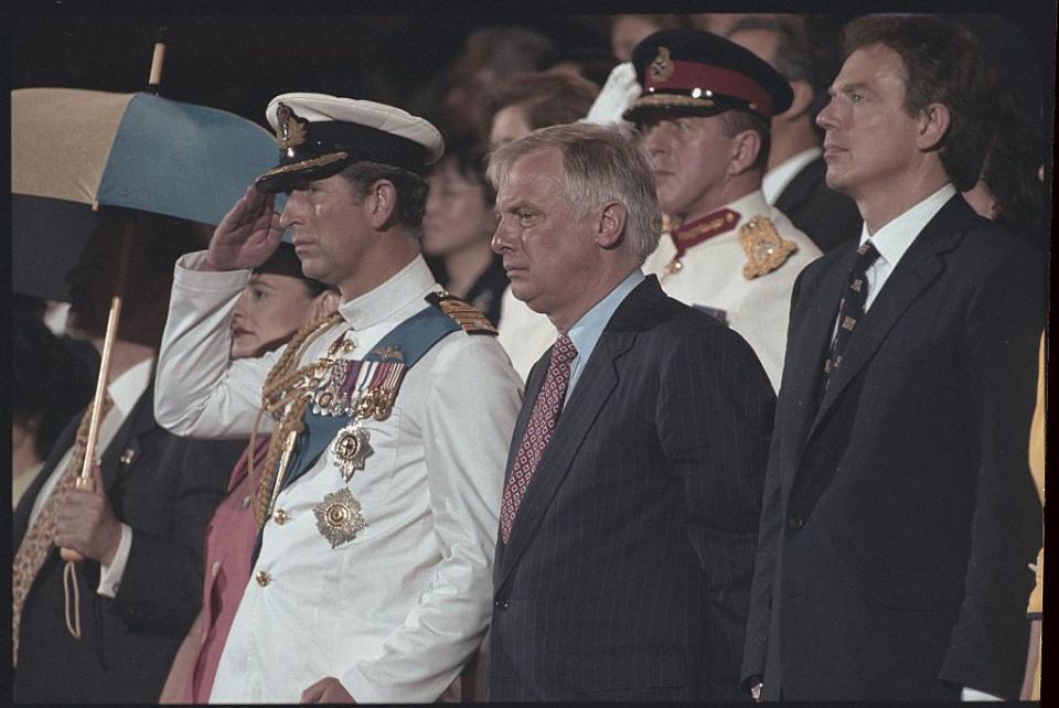prince charles, former governor chris patten, and prime minister tony blair at the 1997 hong kong handover ceremony