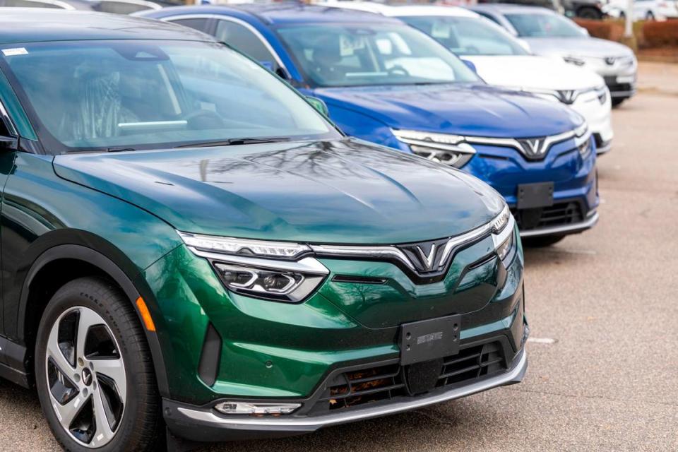 VinFast electric cars sit in the parking lot of the new Leith VinFast dealership in Cary Thursday, Dec. 28, 2023. The Vietnamese automaker announced in March 2022 that it would open an electric vehicle assembly plant in North Carolina.