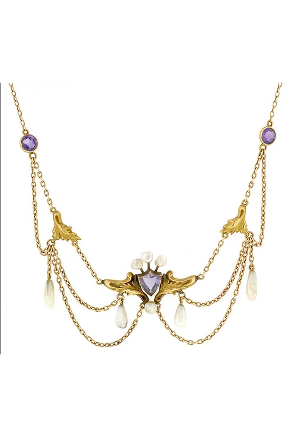 7) Art Nouveau Amethyst & Pearl Festoon Necklace