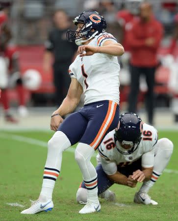 Sep 23, 2018; Glendale, AZ, USA; Chicago Bears kicker Cody Parkey (1) watches his go-ahead field goal against the Arizona Cardinals during the second half at State Farm Stadium. Mandatory Credit: Joe Camporeale-USA TODAY Sports