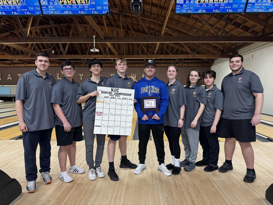 NJIC bowling tournament at Parkway Lanes in Elmwood Park on Thursday, Feb. 22, 2024. Meadowlands Division champion Lyndhurst won the overall conference title with a four-bowler, three-game score of 2,139.