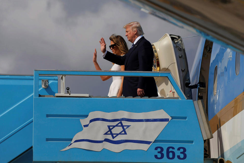 Trump boards Air Force One to travel to Rome from Ben Gurion International Airport in Tel Aviv