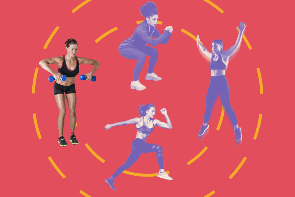 gif showing four different women performing different exercises (squats, jumping jacks, sprinting, and lifting weights), positioned in a circle to represent a circuit training workout