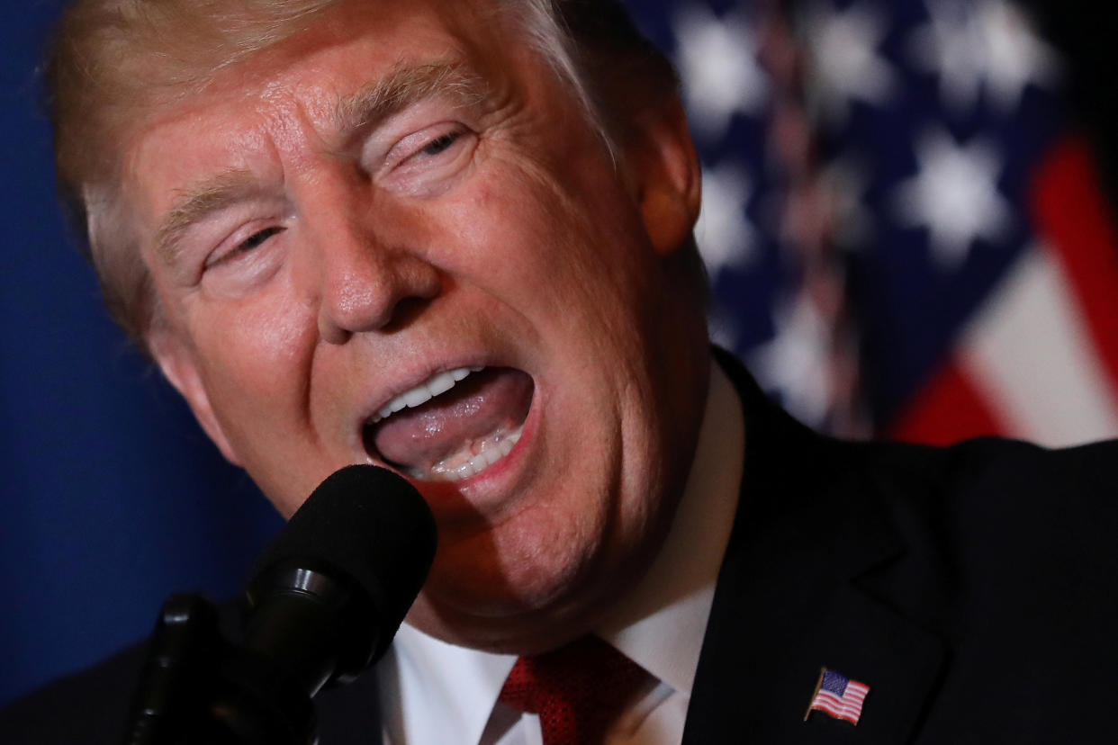 President Donald Trump delivers a statement about missile strikes on a Syrian airfield, at his Mar-a-Lago resort in West Palm Beach, Florida,&nbsp;on April 6. (Photo: Carlos Barria / Reuters)