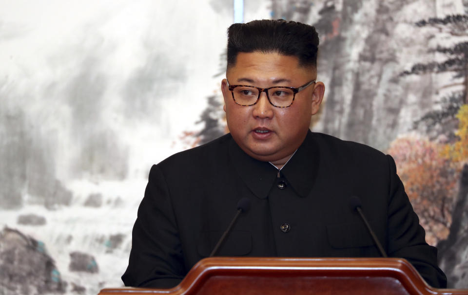 FILE - In this Sept. 19, 2018 file photo. North Korean leader Kim Jong Un speaks during a joint press conference with South Korean President Moon Jae-in at the Paekhwawon State Guesthouse in Pyongyang, North Korea. Kim and South Korean President Moon Jae-in announced in the North Korean capital of Pyongyang this week that Kim has accepted Moon’s request to visit Seoul soon, maybe within the year.(Pyongyang Press Corps Pool via AP, File)