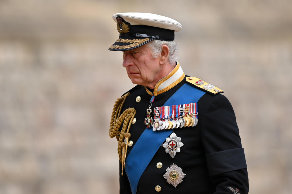 King Charles III at the Committal Service for Queen Elizabeth II at St George’s Chapel, Windsor Castle on Monday - Credit: Justin Setterfield/Getty Images