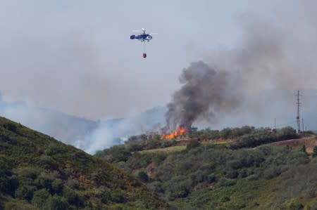 Flames and smoke from a forest fire are seen in the village of Guia.