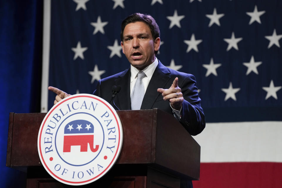 Republican presidential candidate Florida Gov. Ron DeSantis speaks at the Republican Party of Iowa's 2023 Lincoln Dinner in Des Moines, Iowa, Friday, July 28, 2023. (AP Photo/Charlie Neibergall)