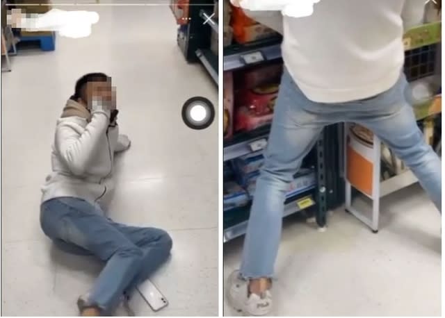 網友貼出影片，可以看出男子在地上抽菸，在貨架旁小便。（翻攝自Dcard）
