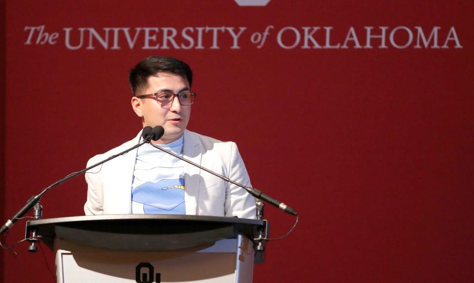 Juan de Dios Trujillo Velazquez speaks Thursday during a news conference announcing GEAR UP grants for the University of Oklahoma's K20 Center for Educational Renewal in Norman.