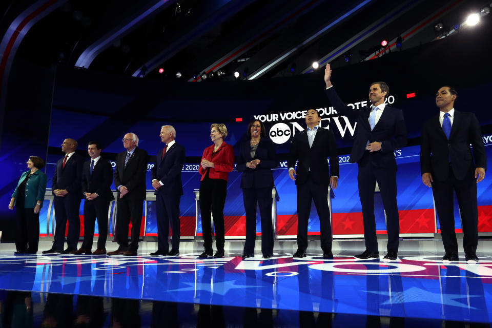 From left, Democratic presidential candidates Sen. Amy Klobuchar, D-Minn., Sen. Cory Booker, D-N.J., South Bend Mayor Pete Buttigieg, Sen. Bernie Sanders, I-Vt., former Vice President Joe Biden, Sen. Elizabeth Warren, D-Mass., Sen. Kamala Harris, D-Calif., entrepreneur Andrew Yang, former Texas Rep. Beto O'Rourke and former Housing Secretary Julian Castro are introduced for the Democratic presidential primary debate hosted by ABC on the campus of Texas Southern University Thursday, Sept. 12, 2019, in Houston. (AP Photo/Eric Gay)