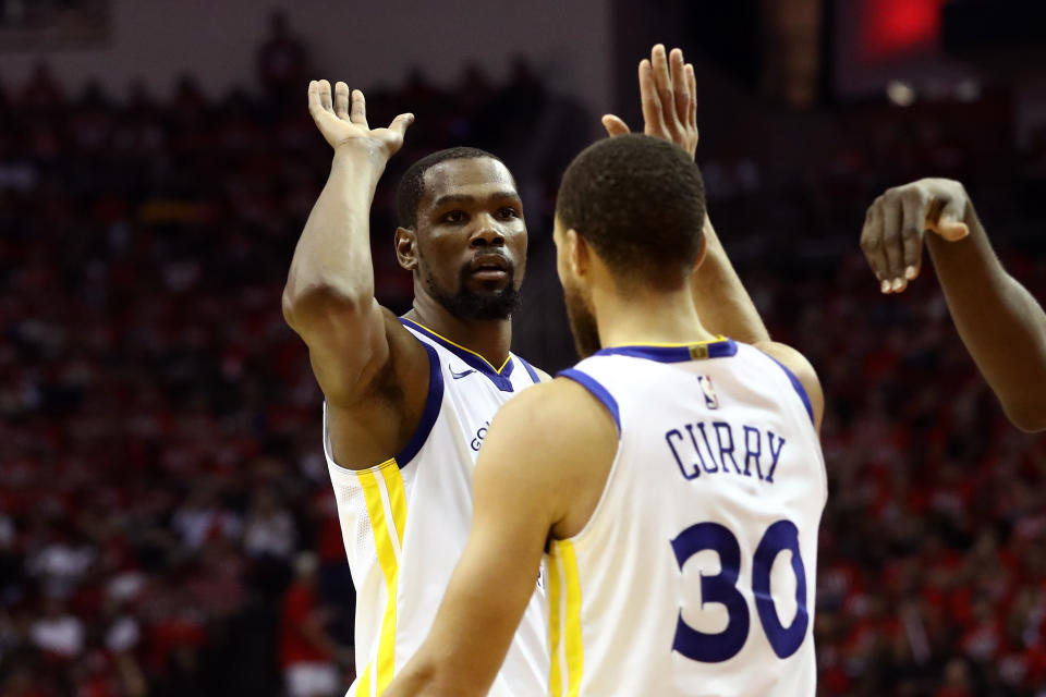 Kevin Durant was nearly unguardable in Game 1, staking the Warriors to a 1-0 lead over Houston in the 2018 Western Conference Finals. (Getty)