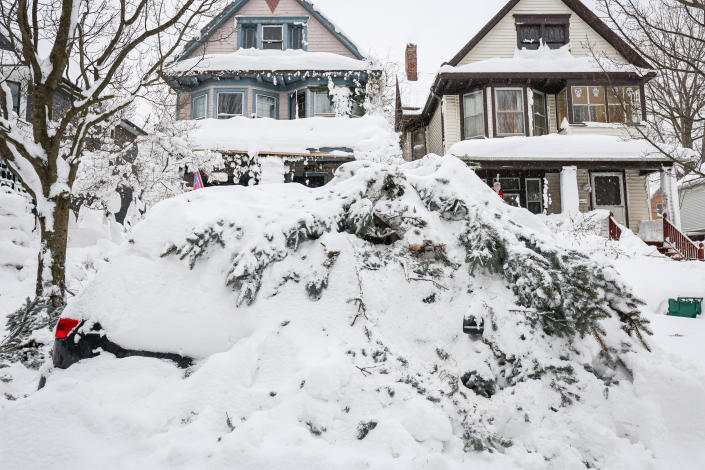 Remnants of a fallen tree remain on the roof of a vehicle following a winter storm in Buffalo, New York, U.S., December 27, 2022.  REUTERS/Lindsay DeDario