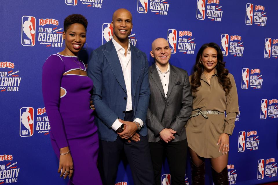 Feb 16, 2024; Indianapolis, IN, USA; Left to right: Monica McNutt, Richard Jefferson, Ryan Ruocco, and Cassidy Hubbarth on the red carpet before the All Star Celebrity Game at Lucas Oil Stadium. Mandatory Credit: Trevor Ruszkowski-USA TODAY Sports