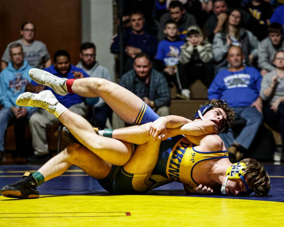 Eli Krow (E) gets control of Eli Ostermayer (NL) during their 172 lb. match and eventually gets the pin at 5:50 to seal the deal for the Raiders. ELCO played host to Northern Lebanon in a key LL League wrestling match. January 25, 2023 in Myerstown. The Raiders defeated the Vikings 36-33 to stay undefeated and claim the LL League Section 3 Title.