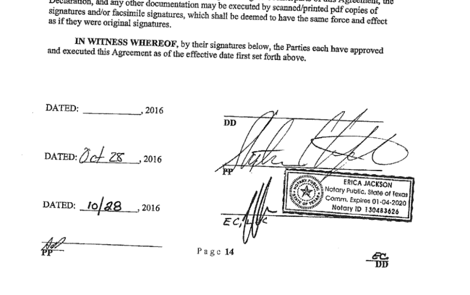 A screengrab of a page from the agreement between Stormy Daniels and then-candidate Donald  Trump. / Credit: Court filing