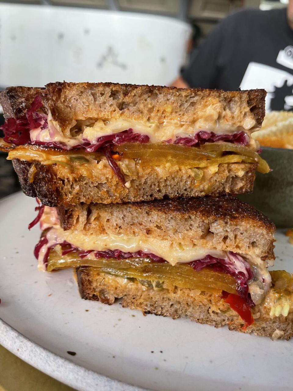 A beetroot Reuben sandwich.