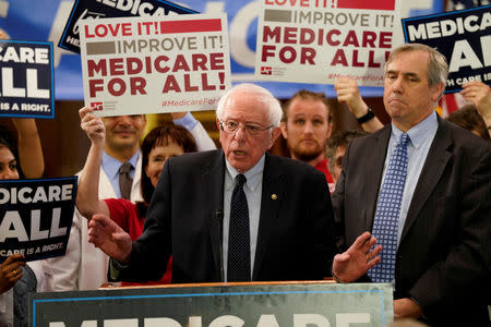 Democratic U.S. presidential candidate U.S. Sen. Bernie Sanders (I-VT) speaks at a news conference to introduce the "Medicare for All Act of 2019" on Capitol Hill in Washington, U.S., April 10, 2019. REUTERS/Aaron P. Bernstein/Files