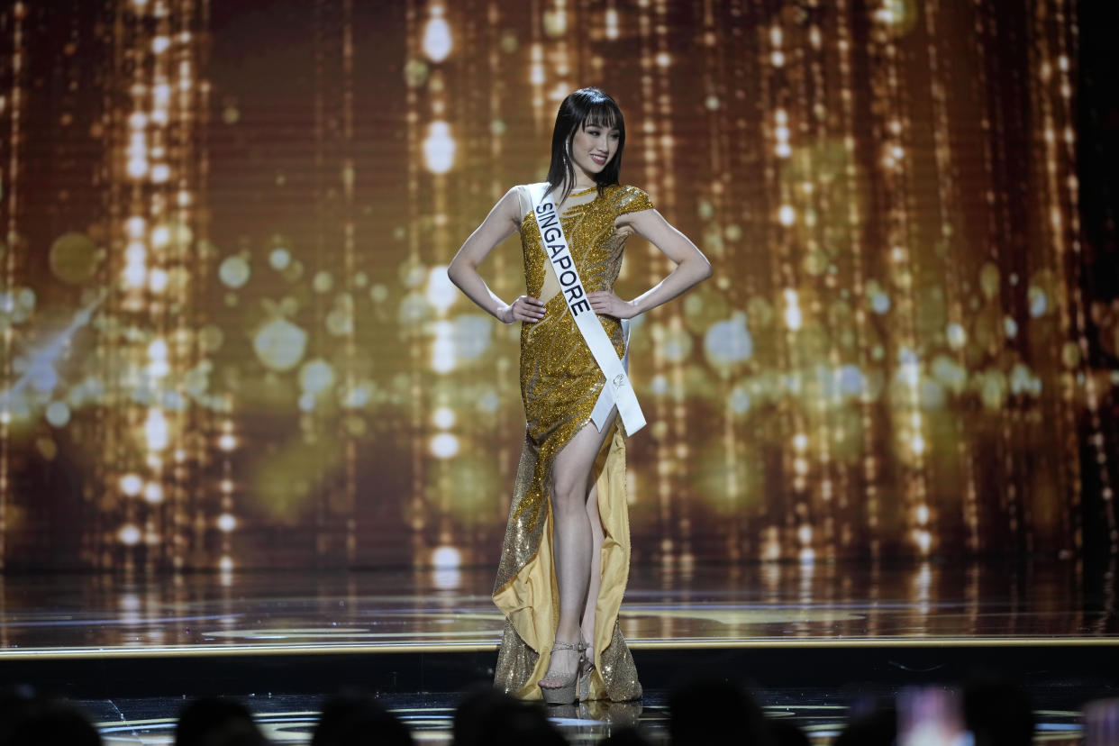 Miss Singapore Carissa Yap competes in the evening gown competition during the preliminary round of the 71st Miss Universe Beauty Pageant in New Orleans, Wednesday, Jan. 11, 2023. (AP Photo/Gerald Herbert)