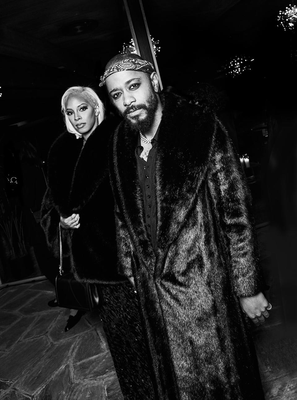 LaKeith Stanfield and Kasmere Trice attend an intimate dinner hosted by W editor-in-chief Sara Moonves and Saint Lauren creative director Anthony Vaccarello at a private residence in Los Angeles on March 9, 2023.