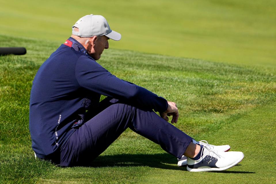 Jim Furyk watches one of the 2021 Ryder Cup matches at Whistling Straits in Kohler, Wis. Furyk was a vice-captain that year and captained the 2018 Ryder Cup team.