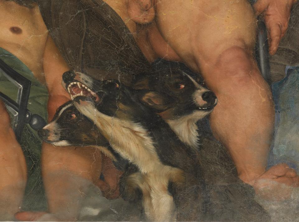 A detail from Caravaggio’s ceiling painting depicts Cerberus, a mythical three-headed dog. <a href="https://www.gettyimages.com/detail/news-photo/italy-lazio-rome-villa-boncompagni-ludovisi-detail-three-news-photo/132705020?phrase=caravaggio%20villa%20ludovisi&adppopup=true" rel="nofollow noopener" target="_blank" data-ylk="slk:Mondadori Portfolio/Hulton Fine Art Collection via Getty Images;elm:context_link;itc:0;sec:content-canvas" class="link ">Mondadori Portfolio/Hulton Fine Art Collection via Getty Images</a>