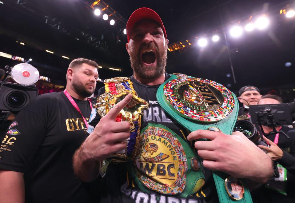 Tyson Fury celebrates a recent boxing win.