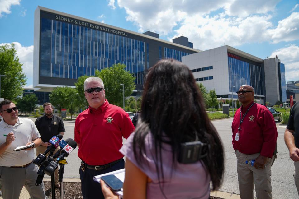 Marion County Sheriff Kerry Forestal stands outside Eskenazi Hospital and announces that Deputy John Durm died after being assaulted during an escape attempt from the Community Justice Campus on Monday, July 10, 2023, in Indianapolis.