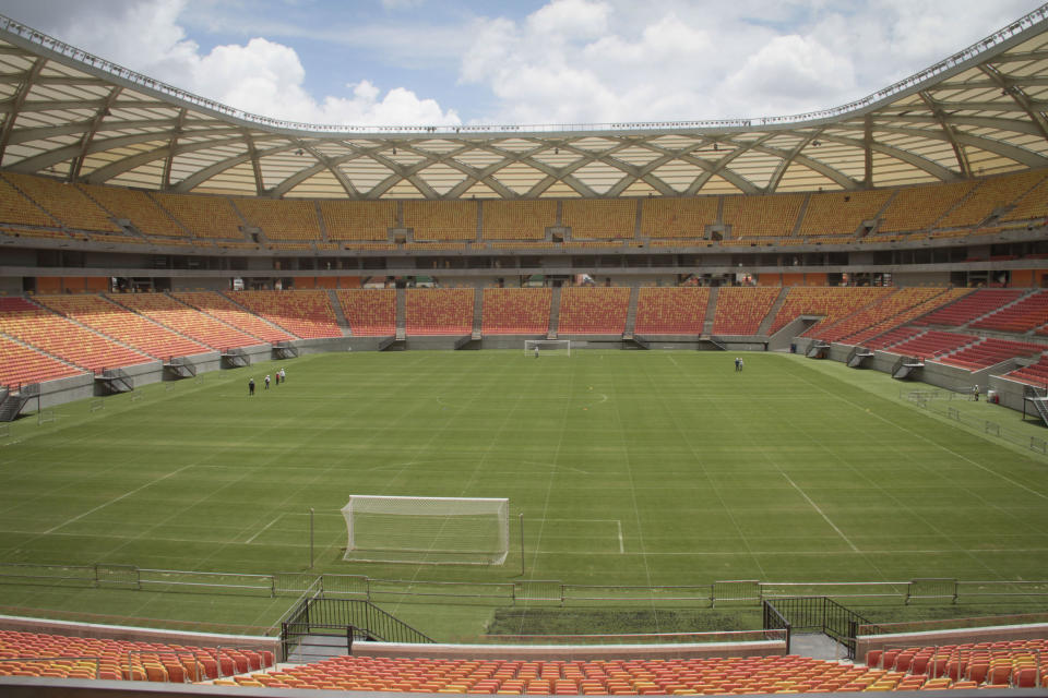 A general view of the Arena da Amazonia stadium in Manaus, Brazil, Sunday, Feb. 16, 2014. The Arena da Amazonia is one of the stadiums still under construction for the 2014 FIFA World Cup soccer tournament which starts in June. (AP Photo/Alberto Cesar Araujo)