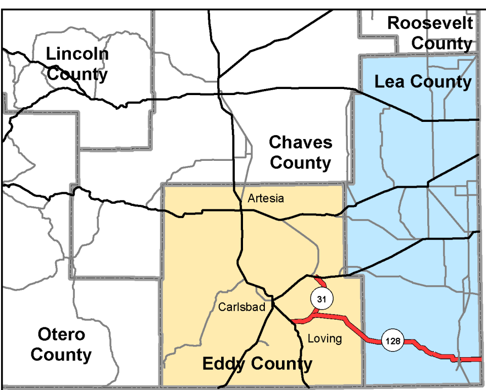 A map from the New Mexico Department of Transportation shows a proposed construction project for New Mexico 128 and 31 from Eddy County to the Texas state line.